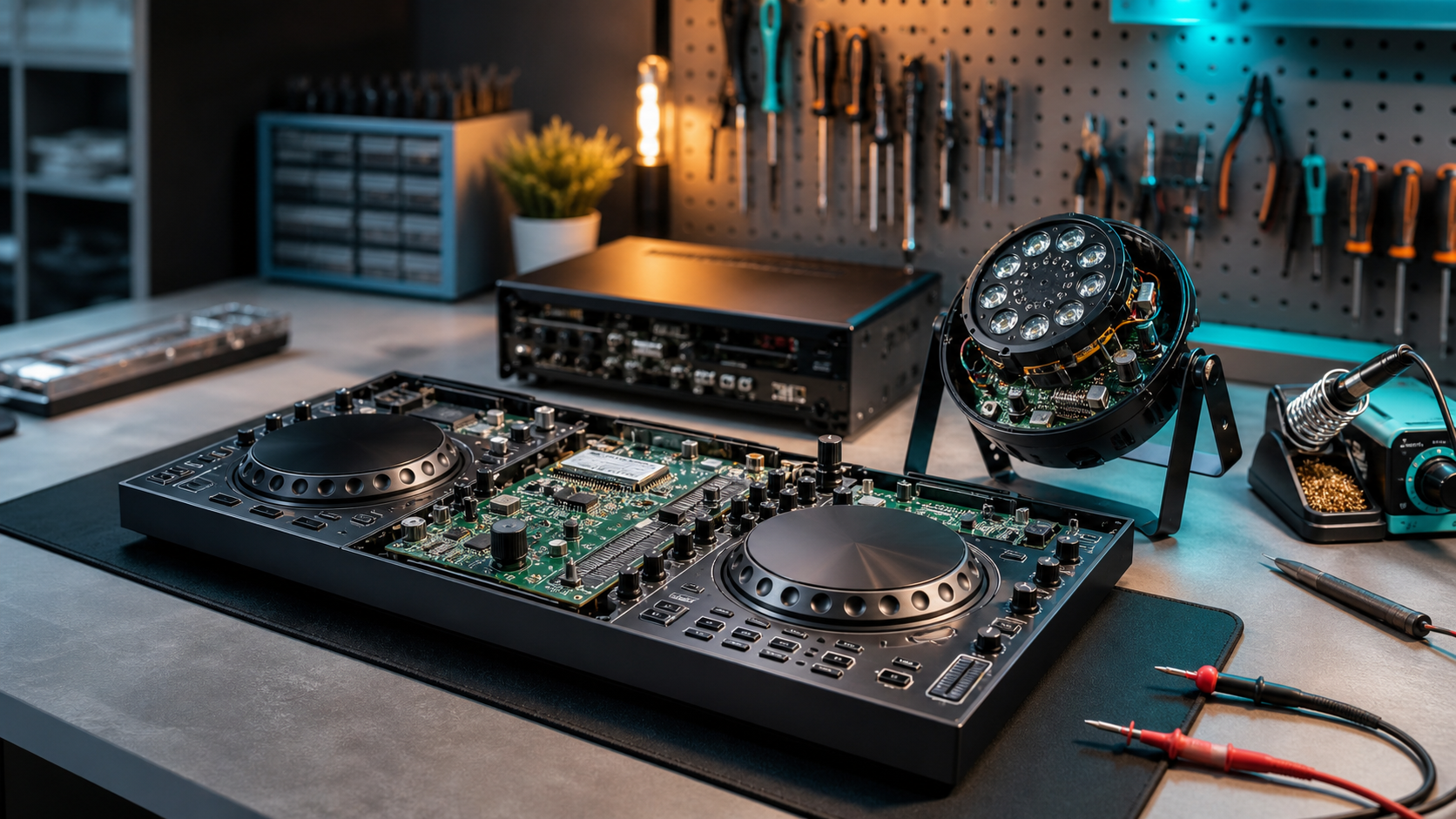 Servisní pracovní stůl s DJ kontrolerem, světlem a elektronikou